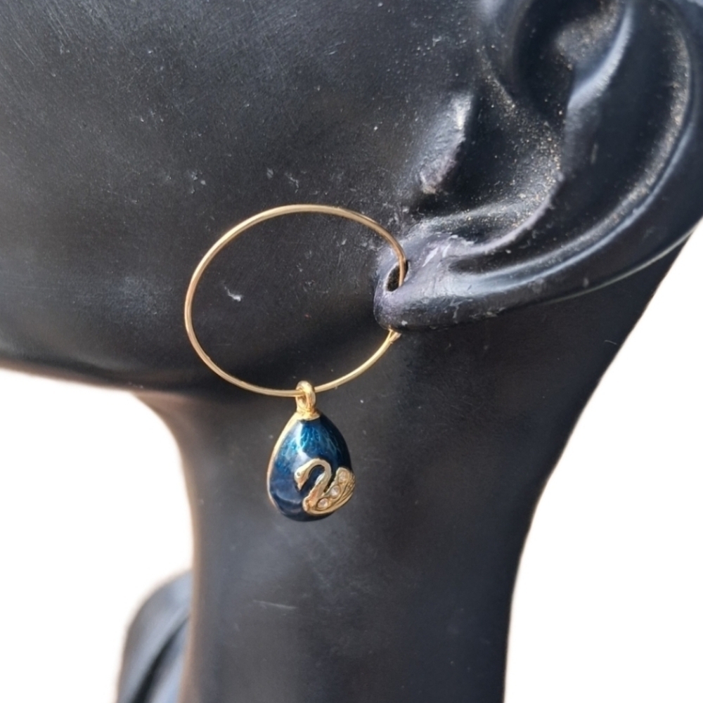 Vintage Joan Rivers Blue Fabergé Style Swan Hoop Earrings